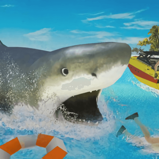 Sydney Shark Rampage game cover - Giant shark attacking boat, swimmer, life preserver in clear blue water. Action-packed horror game.
